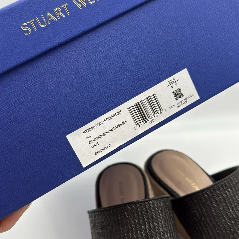 Stuart Weitzman Mykonos Two-Strap Wedge Sandals Herringbone Raffia & Black 38.5 - Picture 12 of 12